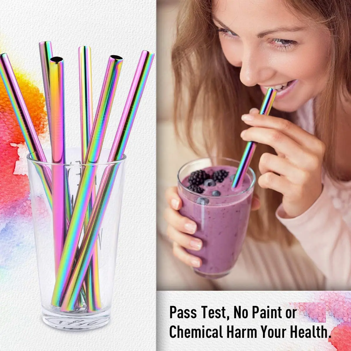 4Pcs 8.5inch Smoothie Straw Reusable Metal Straw 304 Stainless Steel Drinking Straws Set Bar Boba Bubble Tea Milkshake Straws