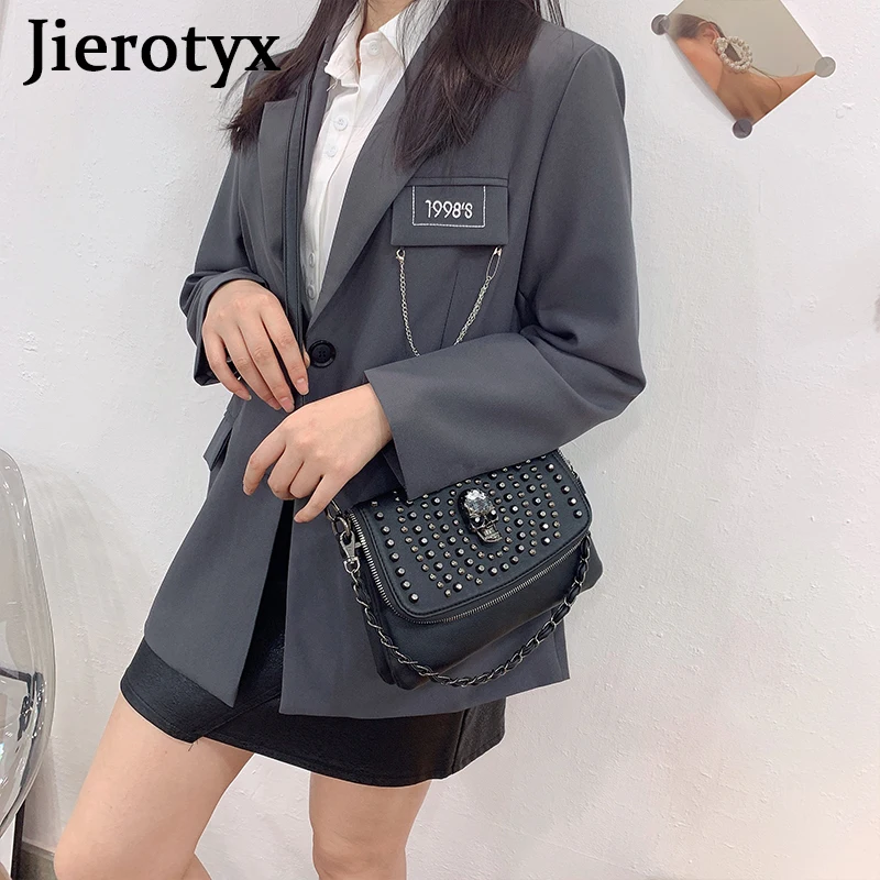 JIEROTYX New Design Women Shoulder Bag Vintage Punk Skull Tote Black Leather Crossbody Bags Fashion Rivet Hot INS Great Quality