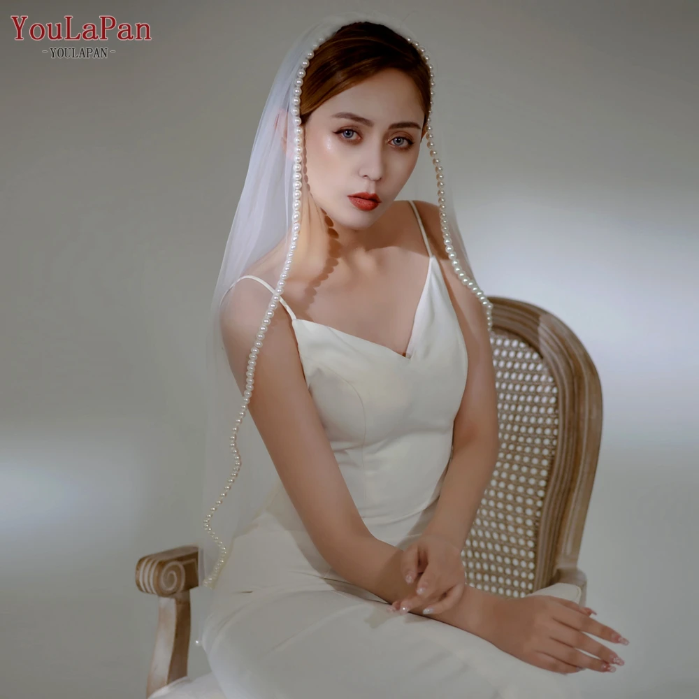 YouLaPan V119 Elegant Bridal Veil Pearl Edge Wedding Veil กับหวีผม1ชั้นปลายนิ้ว Veil อิตาเลี่ยน Tulle