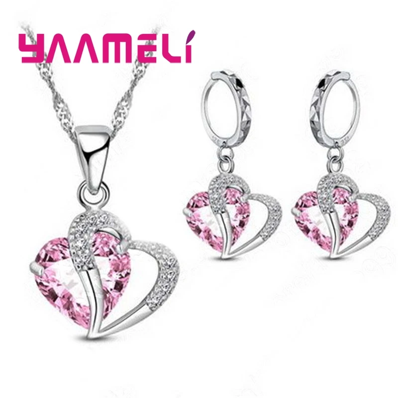 Romantic Wedding Anniversary Bridal Jewelry Set 925 Sterling Silver Heart Pendant Necklace Earrings Pave Shiny Cubic Zirconia