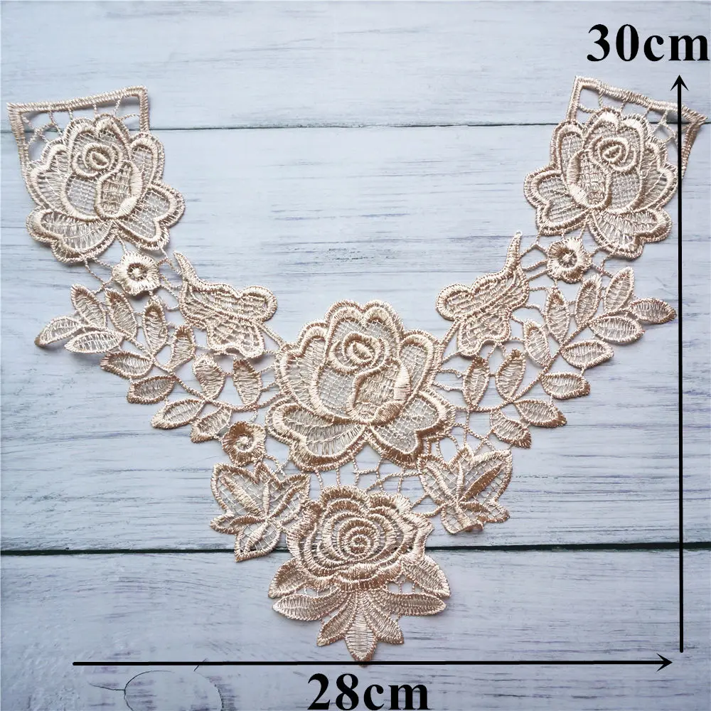 Beige Embroidered Gown Appliques Lace Fabric Trims Collar Mesh Sew On Patches For Wedding Decoration Dress DIY