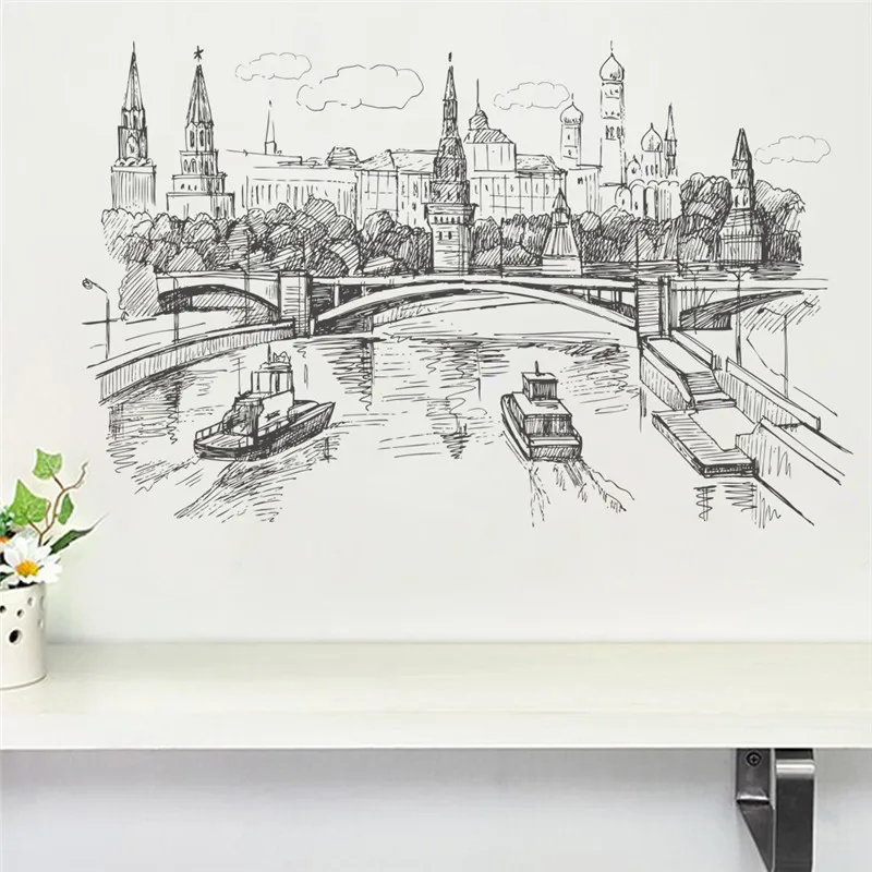 Moscow River Kremlin Wall Stickers For Office Shop Home Decoration Famous City Scenery Sketch Style Mural Art Diy Pvc Decals