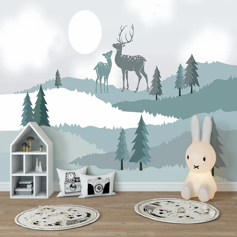 Custom Wallpaper 3D Wall Covering For Walls Blue Cute Elk Mountains Landscape Tree Bedroom Living Room TV Background Mural Decor