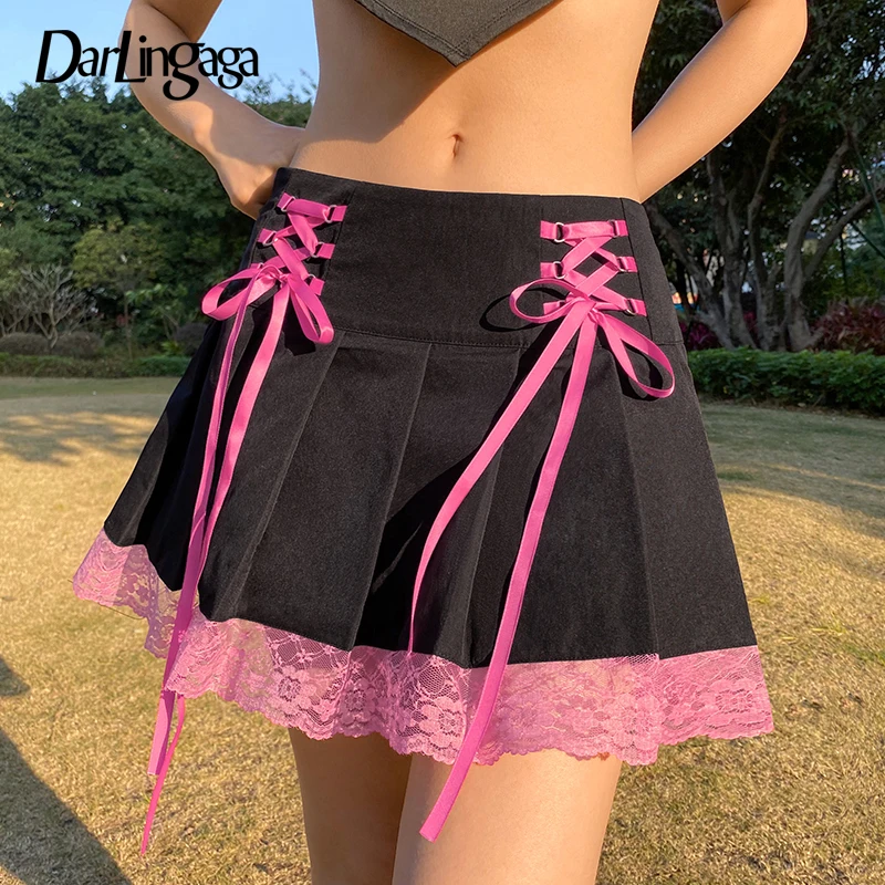 Darlingaga Harajuku Gothic Dark Academia Lace Trim Pleated Skirt Vintage Tie Up High Waist Skirt Mini Woman Goth Skirts 90s