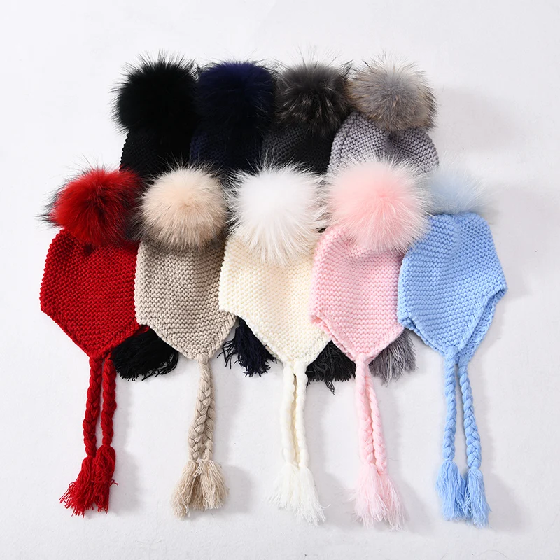 

Children Kids Fur Pompons Earflap Hat Tassel Crochet Braids Beanie Hat Natural Fur Caps for Baby Real Raccoon Fur Bobble Hats