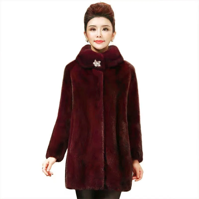 Solid Color Whole Mink Mink Fur Coat 2021 Winter New Women Imitation Mink Velvet Mid-length Fur Coat Mother Outfit Red Wine A663