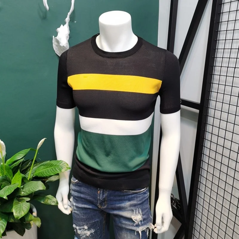 

Mens New Knitted Slim O-Neck Mixed Colors Fashion Thin Pullover T-Shirts Striped Korean Style High Quality Casual T-Shirts