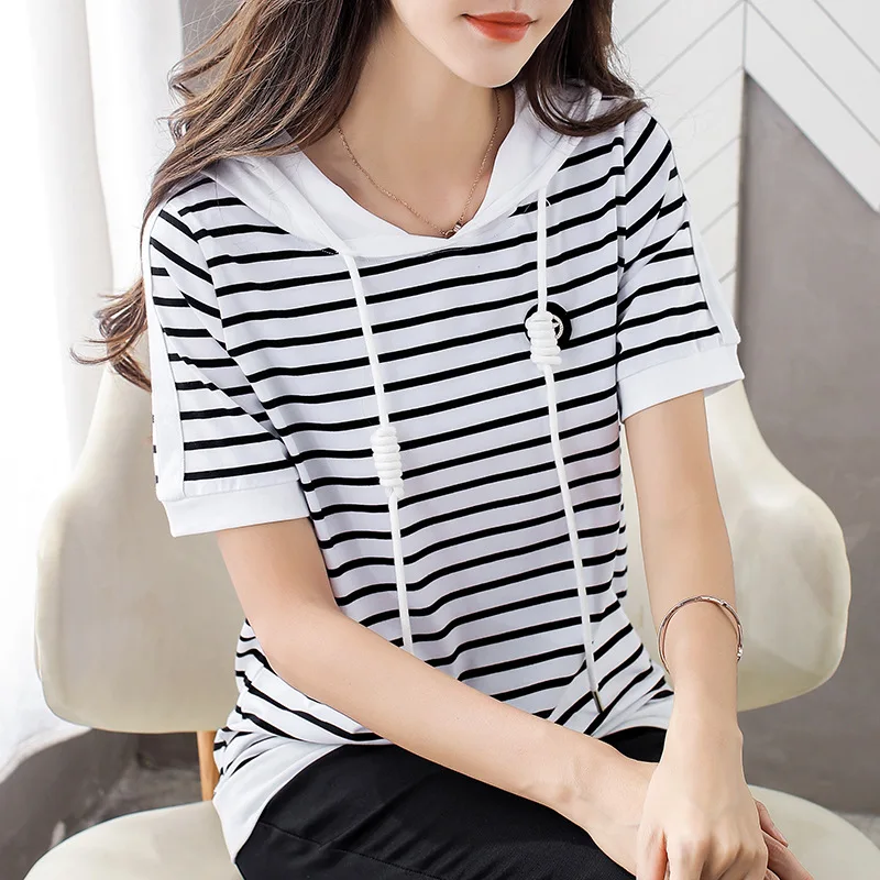 

Wholesale Women Short Sleeve New Loose Striped Hooded T Shirts Summer T-shirt Tops Tee Fashion Clothing For Ladies Tunic AE0008