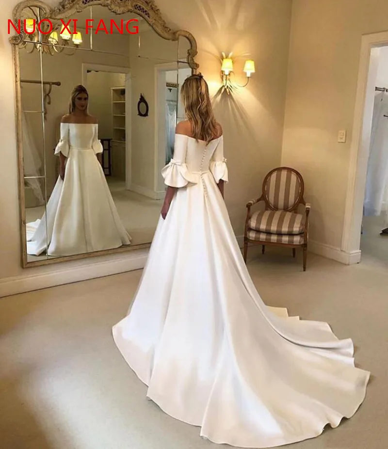 

NUOXIFANG Princess Wedding Dresses Flare Sleeve Off The Shoulder Wedding Bride Dresses Long Train Buttons Back Wedding Gown