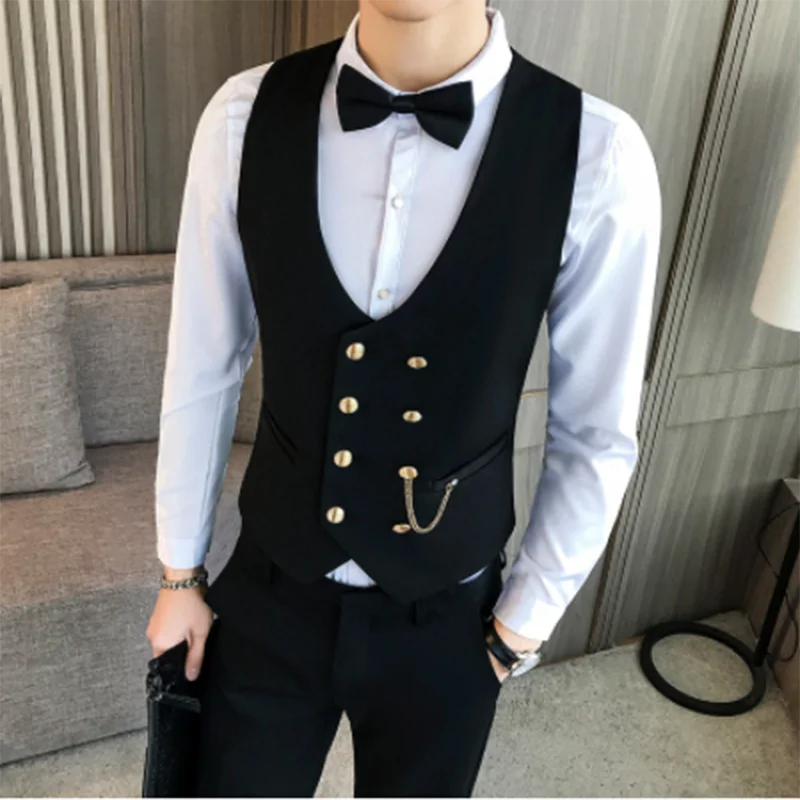 

Latest Double Breasted Men's Suit Vest Gold Button Slim Fit Best Man Groom Wedding Waistcoat Formal Streetwear Sleeveless Jacket