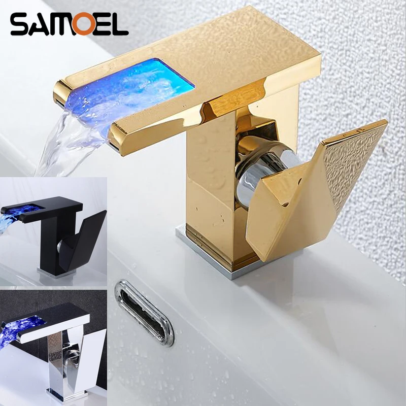 Hot Selling Brass LED Light 3 Color Change Bathroom Cold Hot Water Mixer Tap Gold Waterfall Variable Colors Basin Faucet G1147