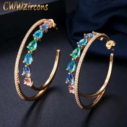 CWWZircons Double Circle Rainbow Cubic Zirconia Crystal Big Round Gold Plated Hoop Earrings for Women Statement Jewelry CZ562