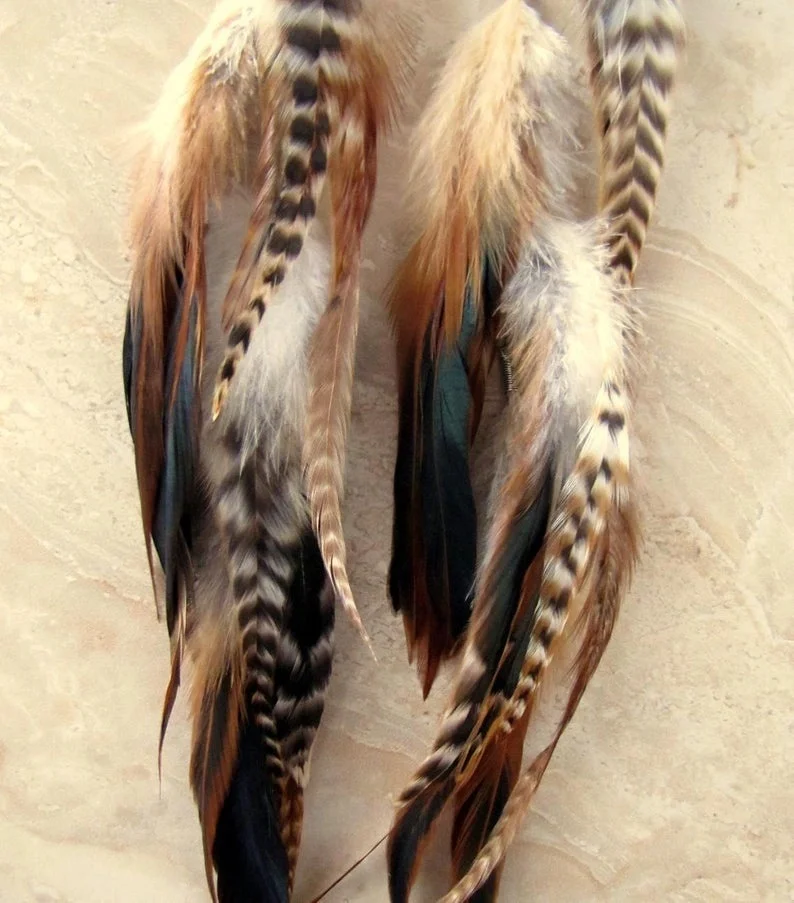 Gorgeous Purple black and white polka dot Feather Earrings Extra Long Feather Earrings - Long Brown Feather Earrings