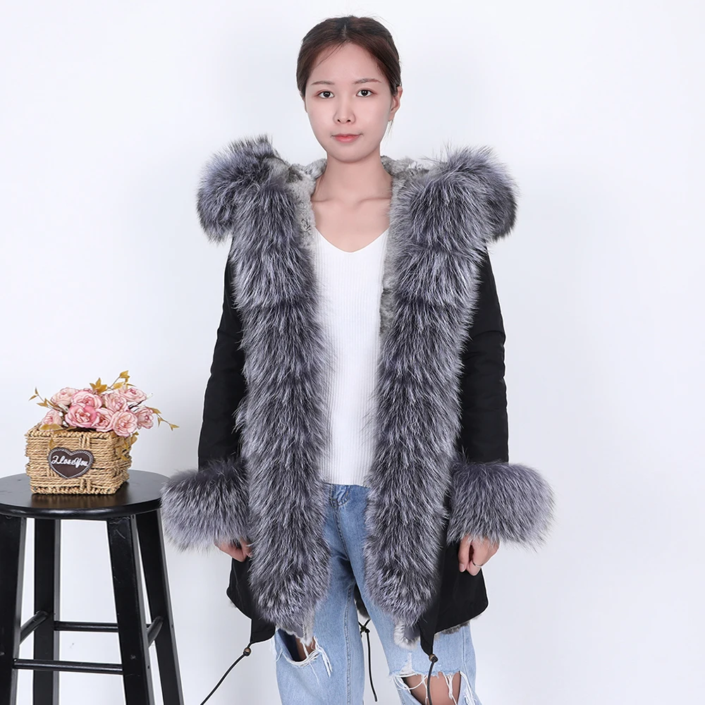 2024 Maomaokong New Winter Women's Fur Natural Real Rabbit Fur Lining Silver Fox Fur Collar Warm Parka Coat Black Long Coat