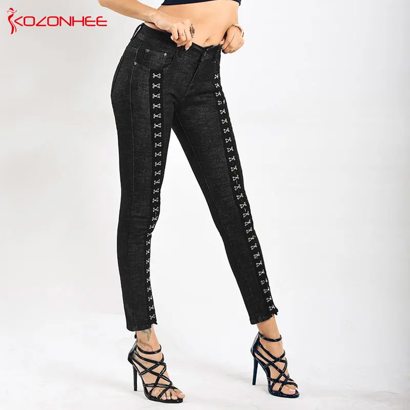 

Fashion Sexy Black Jeans Women Tight Stretch Rivet Mid Waist elasticity Pencil Jeans Women #37