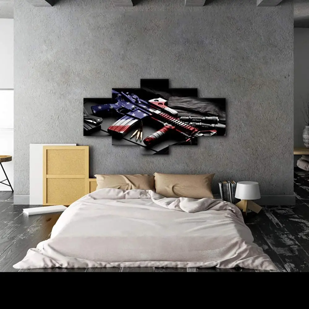 AK الرجعية بندقية العلم الأمريكي العسكرية قماش طباعة الفن عيد الاستقلال ديكور المنزل صور فنية للجدران لغرفة المعيشة 5 لوحة