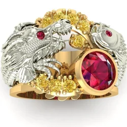 Luxury Exquisite Two-tone Dragon and Phoenix Rings with Crystal Rhinestone Zircon for Men Banquet Party Jewelry