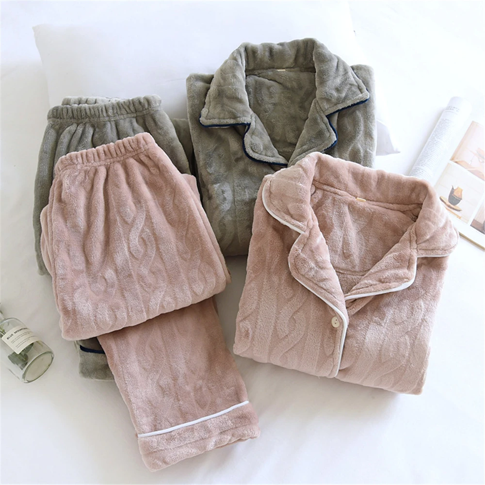 Couple Coral Fleece Pajamas Sleepwear Autumn And Winter Thickened Men Women Long Sleeve Home Wear Women\'s Nightwear Suit