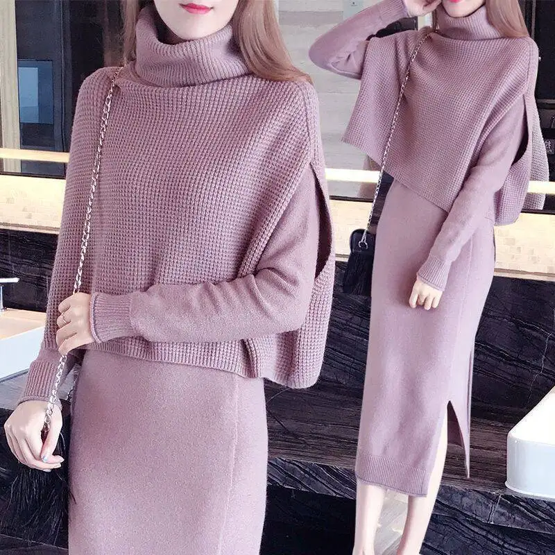 

Woman Elegant Two-piece Set Female Loose Turtleneck Knitted Pullover Long Sleeve Sweater Dresses Ladies High Quality Dress Q120