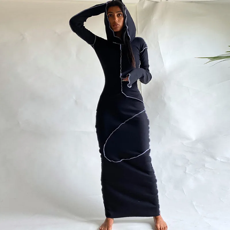 2023 Long Sleeve Hooded Patchwork Skinny Maxi Dress