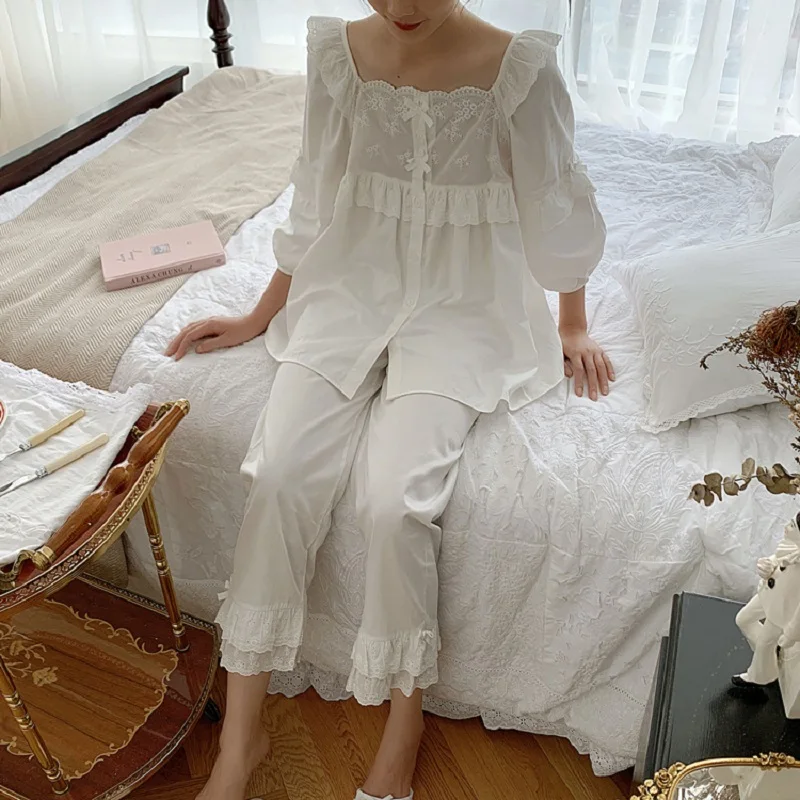 ฤดูใบไม้ร่วงผู้หญิงฝ้ายแขนยาวชุดนอนหญิงชุดนอนชุด Royal Sleepwear สวมใส่ Plus ขนาด