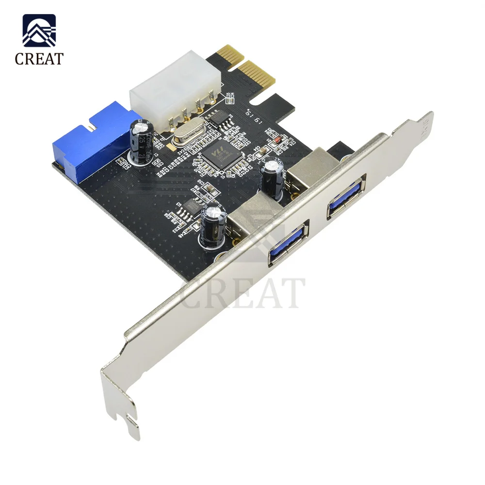 PCI 2 Ports Express USB 3.0 Front Panel with 4-Pin & 20 Pin Control Card Adapter 5Gbps Speed 4-pin Molex Power Plug-N-Play DIY