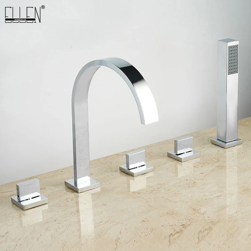 

Bathtub Faucets 5 Pieces Mixer for Bath Tub Square 5 Hole Hot and Colder Water Crane with Hand Shower Chrome Finished EL7911