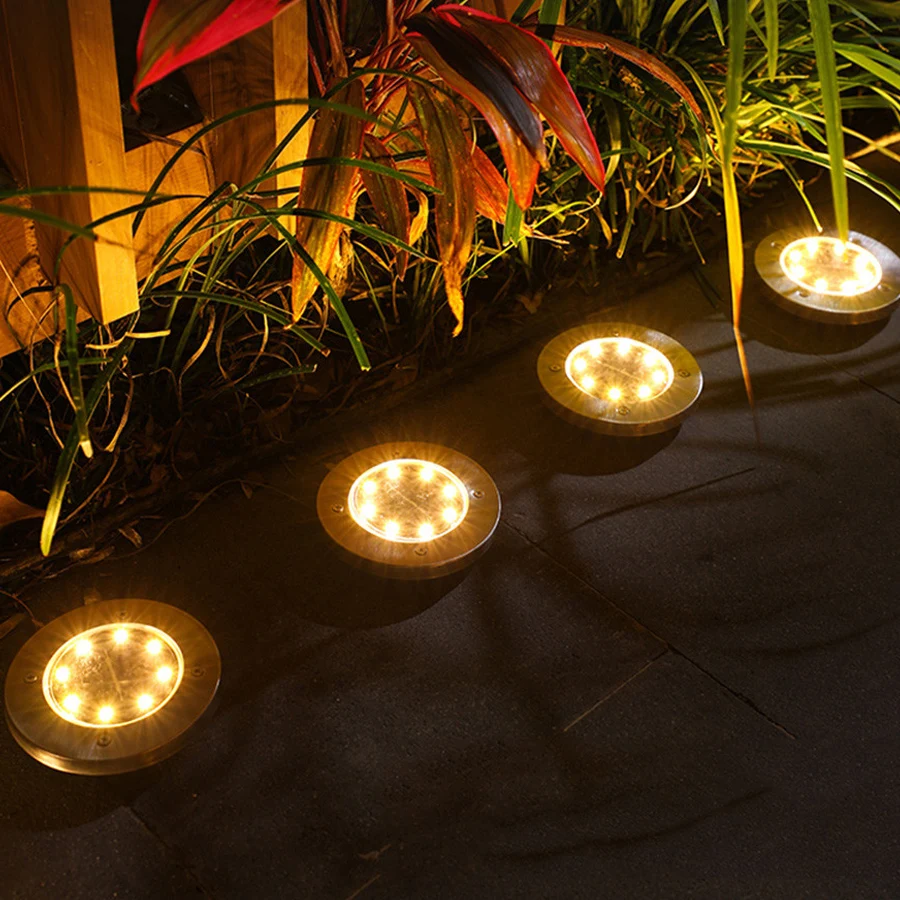 2/4/6/8PCS 8LED Solar Ground Light Outdoor Landscape Pathway Solar Powered Disk Light Stainless Steel Patio Yard Deck Lawn Lamp