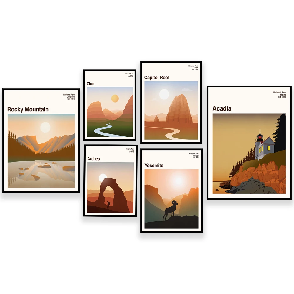 Arcadia Art Du Maine, Utah Arches, Rocky Mountains, Capitol Reef, Zion, California Yosemite National Park travel poster