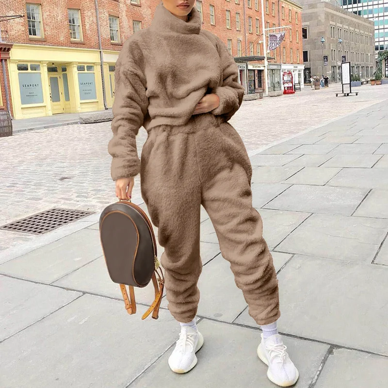 Fashion Autumn Winter Elegant 2 Piece Sets Women Outfits Solid Tracksuits Women Warm Cashmere Suit Casual Wear White Sweatpants