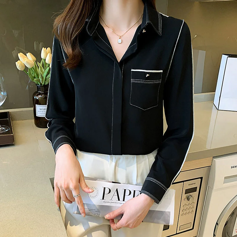 Fashion Bright Line Button Pockets Shirt Office Lady Elegant Chic All-match Shirts Solid Long Sleeve Lapel Casual Women\'s Blouse