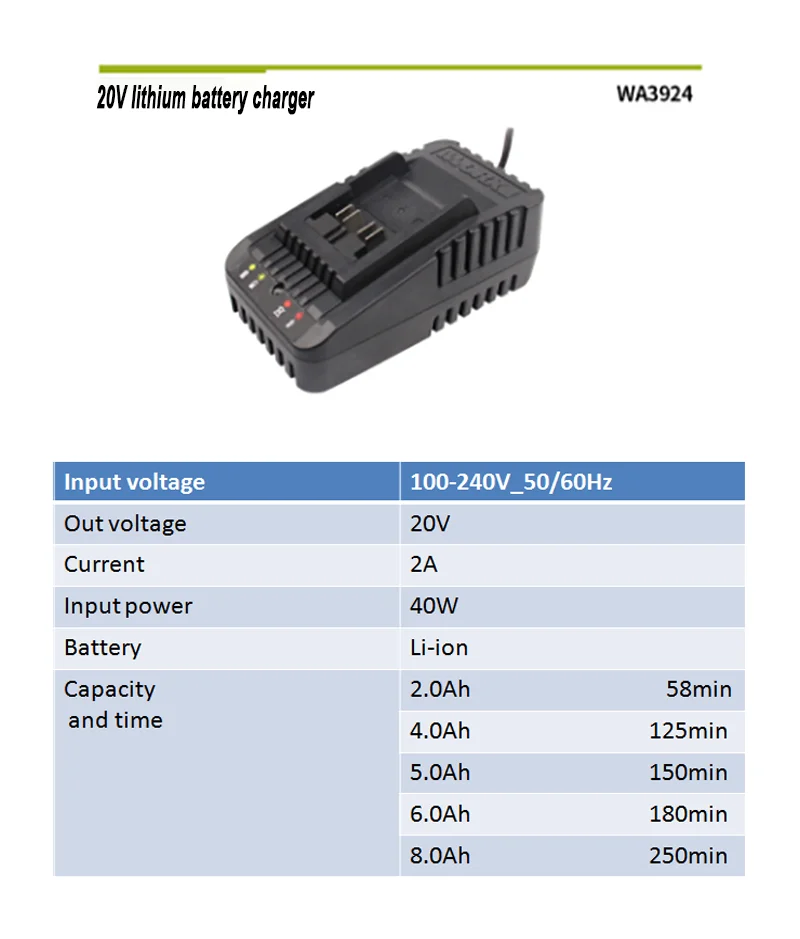 WORX 20V Lithium Battery Charger and Fast Charge Power Tools time 50 min best quality multi- charge protection 20V worx charger
