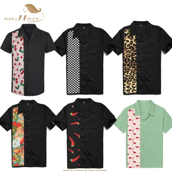 SISHION L-2XL 남성 셔츠 ST110 남성용 반팔 블랙 레드 로커 빌리 코튼 캐주얼 볼링 셔츠 camisa masculina