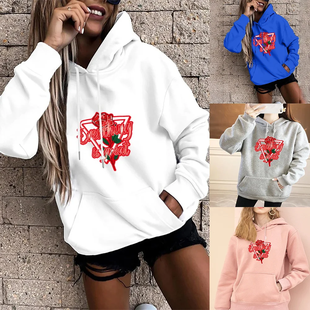 

Women's Fashion Hoodie Loose Oversized Pocket Long Sleeve Pullover Graphic Rose Print Ladies Harajuku Sweatshirt Casual Wear