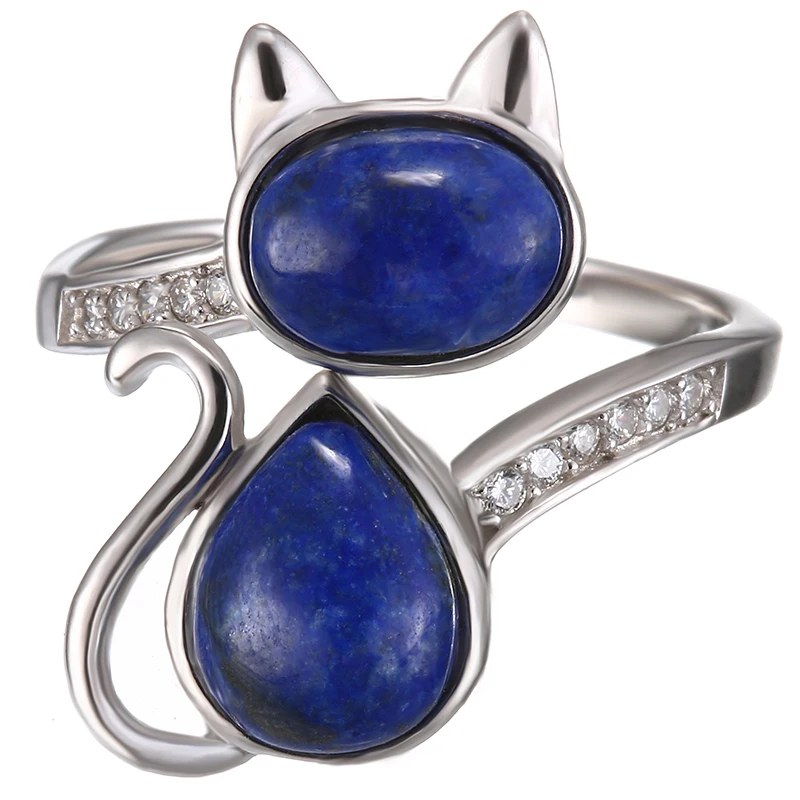 AMORUI Lapis Lazuli Natural Stone Women Rings 925 Sterling Silver Cute/Romantic Cat Zircon Rings Party/Weeding/Birthday Jewelry