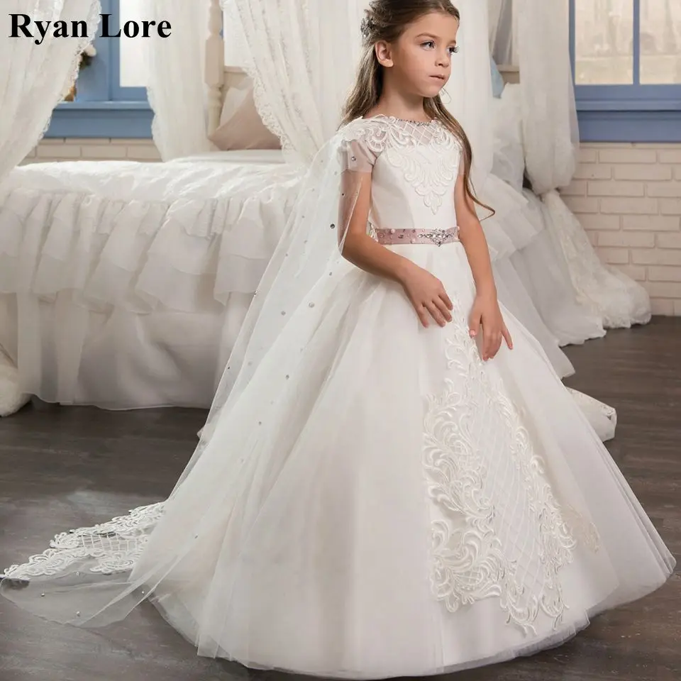 Beaded Crystal Flower Girl Dresses Short Sleeve With Shawl Princess Dress For Weddings First Communion Dress Special Occasion