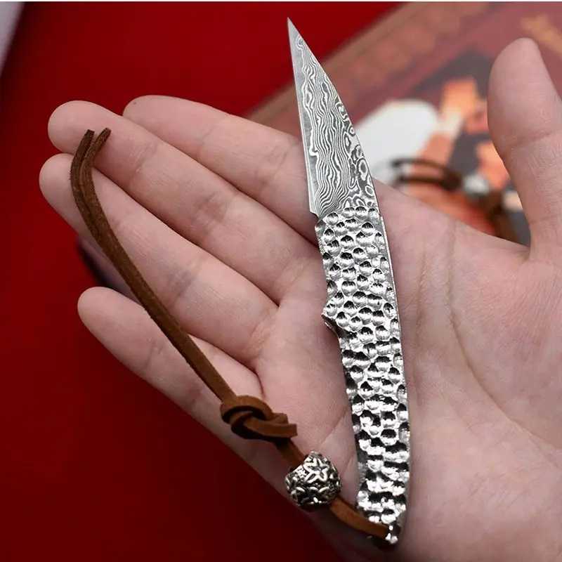 58g Damascus Folding Knife Lockless Small Outdoor Knife Stainless Steel Portable Self-defense Survival Pocket Knives Fruit Blade