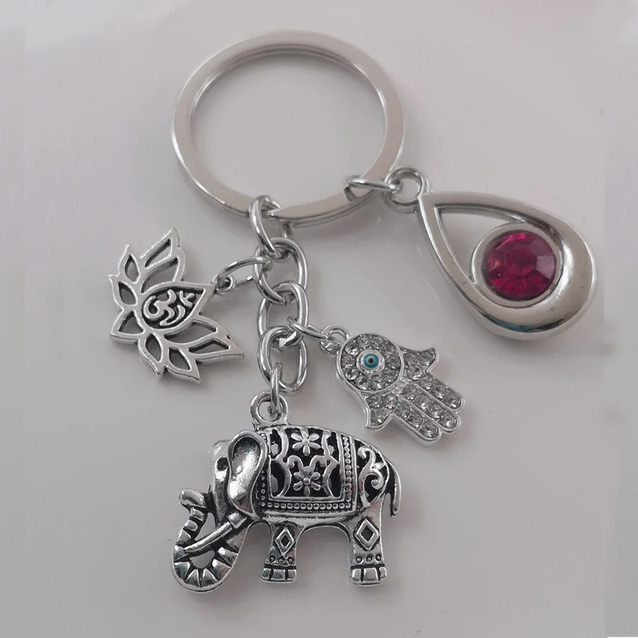 Water drop birthstone tribal ethnic keychain unique bohemian gift keychain lotus jewelry hand elephant car keychain female