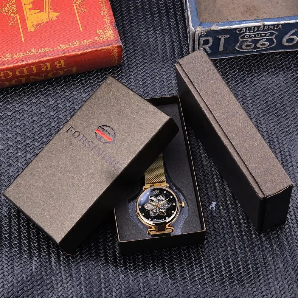 Relojes Forsining mecánicos automáticos para mujer, relojes de marca superior de lujo con diamantes, esfera creativa, malla dorada, relojes
