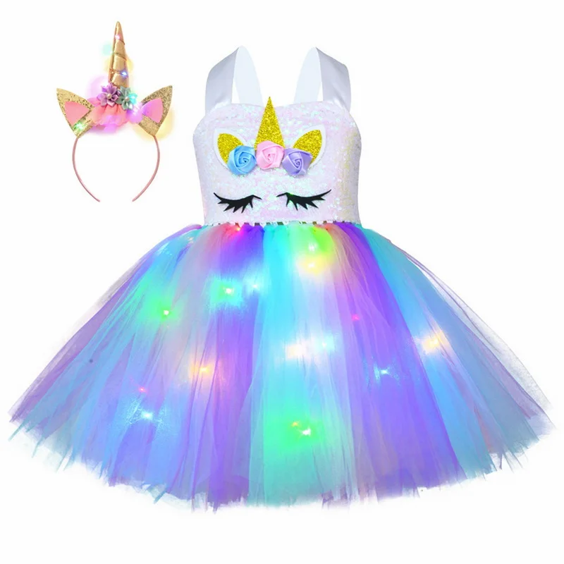 Robe Tutu de noël pour filles, motif de fleurs, licorne, Costume de fête d'anniversaire pour enfants, filet à paillettes, arc-en-ciel, lumières LED, robe de princesse