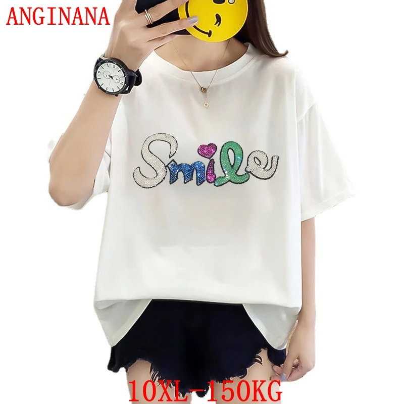 

ANGINANA Large size women's T-shirt big size 9XL10XL summer round neck short sleeve loose large size black and white blue top