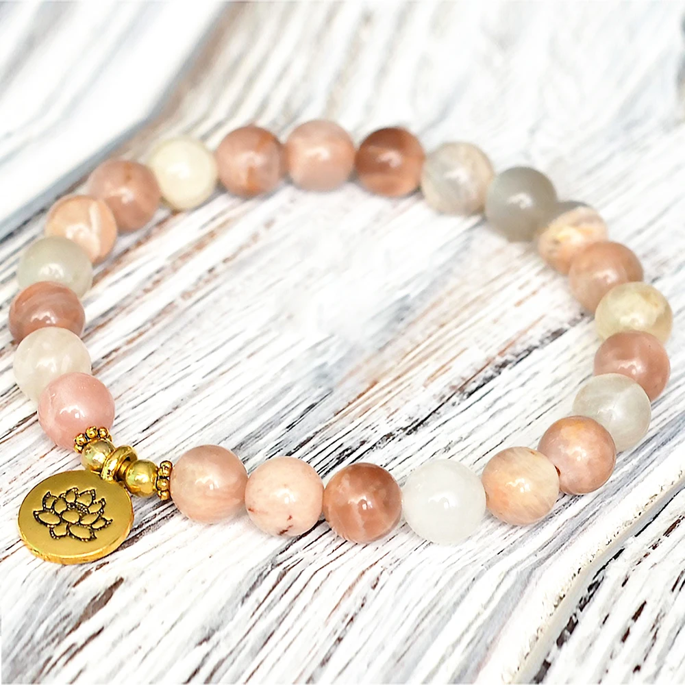 Wholesale 8 mm A Grade Rainbow Sunstone Lotus Mala Bracelet Natural Gemstone Bracelet New Design Women`s Energy Yoga Bracelet