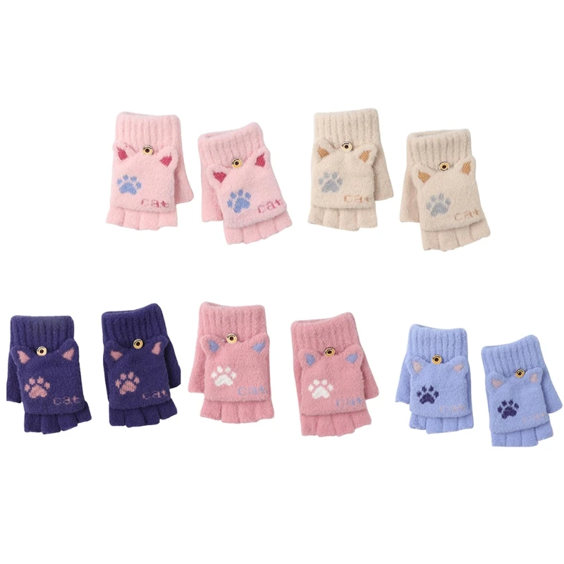 

Knitted Fingerless Gloves Convertible Flip Top Plush Cat Gloves Cartoon Kids Fluffy Gloves Winter Warm Mittens