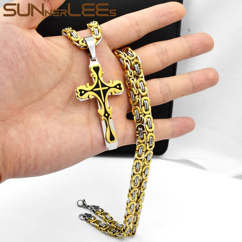 

SUNNERLEES 316L Stainless Steel Jesus Christ Cross Pendant Necklace Byzantine Link Chain Men Boys Gift SP244