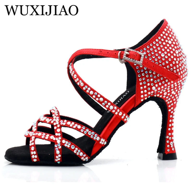 WUXIJIAO women\'s Latin dance shoes color satin sequins rhinestones Cuban high heels 9cm