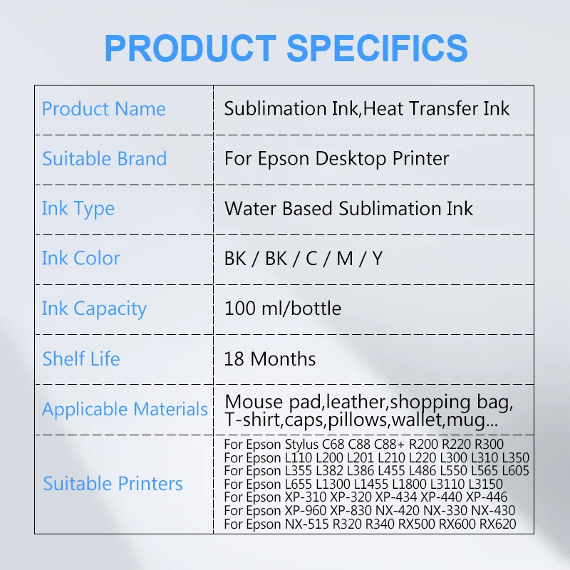 500ML Sublimation Ink 5Colors/Set For Epson ET-2720 ET-2760 ET-2750 ET-15000 ET-4700 ET-3760 WF-7710 WF-7720 WF-7210 All Printer