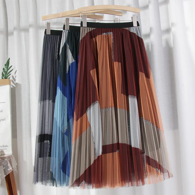 

2024 Spring Autumn Elastic High Waist Slimming Wild Fashion Graffiti Gauze Skirt Casual Women A-line Long Skirt Free Shipping