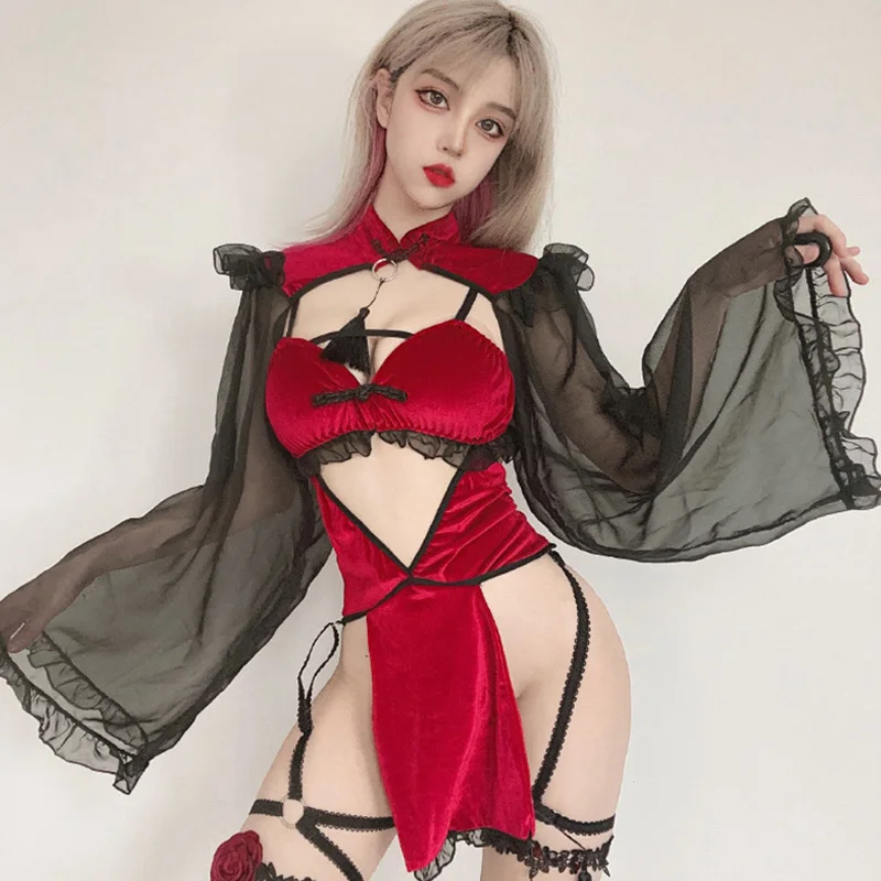 Dark Witch Hollow Sleeve Cheongsam Costumes Demon Game Dress Bandage Sexy Lingerie Women Uniform Halloween Costumes Sex Clothes