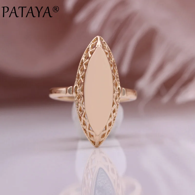 PATAYA New Hot Glossy Rings Women 585 Rose Gold Color Weaving Rhombus Hollow Rings Ethnic Bridal Wedding Gift Fashion Jewelry