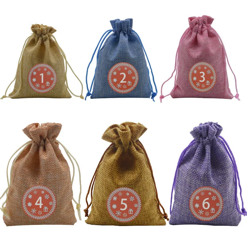 Burlap Packing Pouches Drawstring Bags With Number Sticker Mixed 24 colors Plus Cord And Clips For Wedding Or Christmas